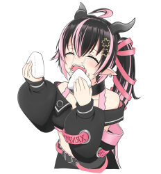 Rule 34 | 1girl, ahoge, belt, belt collar, black belt, black hair, black jacket, black sleeves, blush, bra, closed eyes, collar, commentary request, cowboy shot, cropped jacket, crying, cuore 0624, demon girl, demon horns, detached sleeves, flower, food, food on face, grey horns, hair between eyes, hair flower, hair ornament, hair ribbon, highres, holding, holding food, horns, jacket, long hair, long sleeves, medium bangs, multicolored hair, nanashi inc., off shoulder, oinomori may, oinomori may (1st costume), one side up, onigiri, open clothes, open jacket, open mouth, pink bra, pink hair, pink ribbon, pointy ears, ribbon, rice, rice on face, simple background, sleeveless, sleeveless jacket, solo, teeth, two-tone hair, underwear, virtual youtuber, white background