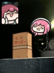 Rule 34 | 2girls, bocchi the rock!, box, cardboard box, chibi, closed eyes, commentary, drum, drum set, fan screaming at madison beer (meme), gotoh hitori, hashtag-only commentary, highres, hiroi kikuri, instrument, meme, motion blur, multiple girls, pink hair, purple hair, stage, superappleman, translation request