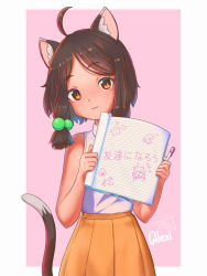 Rule 34 | 1girl, :3, absurdres, ahoge, alexi ansell, animal ears, black hair, brown hair, cat ears, cat girl, cat tail, commentary, cowboy shot, dated, hair bobbles, hair ornament, highres, looking at viewer, medium hair, original, pink background, simple background, skirt, sleeveless, solo, standing, tail, translated