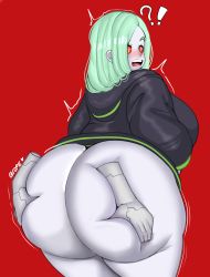 Rule 34 | !?, 1girl, absurdres, ass, ass grab, back, backboob, breasts, colored sclera, cyberpunk (series), cyberpunk edgerunners, cyborg, female focus, fladdykin, grabbing, grabbing from behind, green hair, hands in pockets, highres, huge ass, huge breasts, long hair, looking back, open mouth, partially undressed, rebecca (cyberpunk), red background, red sclera, robot, robot girl, simple background, solo, surprised