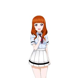 Rule 34 | 10s, 1girl, artist request, blunt bangs, long hair, looking at viewer, love live!, love live! school idol festival, love live! school idol project, necktie, official art, open mouth, orange hair, pleated skirt, school uniform, short sleeves, simple background, skirt, smile, solo, standing, striped necktie, striped neckwear, thigh gap, transparent background, utx school uniform, white background, yuki anju