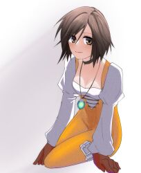 Rule 34 | 1girl, black hair, bodysuit, breasts, brown eyes, choker, cleavage, closed mouth, final fantasy, final fantasy ix, garnet til alexandros xvii, gloves, highres, jewelry, looking at viewer, matuillust, medium breasts, necklace, orange bodysuit, short hair, simple background, smile, solo, white background