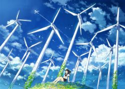 Rule 34 | 1girl, aircraft, airplane, arm support, bare legs, barefoot, black sailor collar, blue sky, closed mouth, cloud, cloudy sky, commentary request, contrail, day, closed eyes, from below, glint, grass, hill, kemi neko, original, outdoors, pleated skirt, sailor collar, scenery, school uniform, serafuku, shirt, short sleeves, sitting, skirt, sky, smile, solo, white shirt, wind, wind turbine, windmill