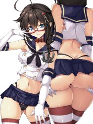 Rule 34 | 1girl, ahoge, ass, ass grab, black neckerchief, blue eyes, blush, braid, breasts, brown hair, butt crack, cameltoe, cleft of venus, collar, cosplay, glasses, gloves, gluteal fold, grabbing own ass, hair ornament, heart, highres, kantai collection, long hair, looking at viewer, medium breasts, microskirt, navel, neckerchief, red-framed eyewear, remodel (kantai collection), revealing clothes, school uniform, serafuku, shigure (kancolle), shimakaze (kancolle), shimakaze (kancolle) (cosplay), skirt, smile, solo, striped clothes, striped thighhighs, sweat, thighhighs, thong, torisan, white gloves