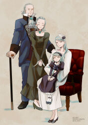 Rule 34 | 1boy, 3girls, ace attorney, ascot, black dress, black hairband, black jacket, blue jacket, blue pants, brooch, cane, chair, dress, earrings, family, franziska von karma, grey background, grey eyes, grey hair, hairband, hat, high collar, highres, jacket, jewelry, long sleeves, manfred von karma, multiple girls, old, old man, own hands clasped, own hands together, pants, rat nkmi, smile, twitter username, white dress, white hat