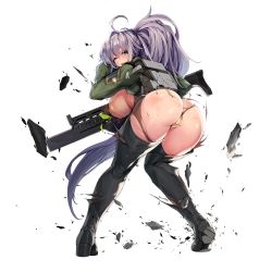 Rule 34 | 1girl, ahoge, ass, assault rifle, bent over, blue eyes, boots, breasts, brown thighhighs, chest strap, defeat, explosive, full body, game cg, gloves, gnome (last origin), grenade, gun, highres, huge breasts, last origin, leotard, long hair, looking at viewer, looking back, official art, one eye closed, pantyhose, ponytail, purple hair, rifle, snowball22, solo, tachi-e, thigh boots, thighhighs, torn clothes, torn legwear, transparent background, weapon, yellow leotard