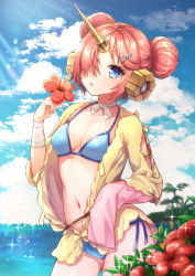 Rule 34 | 1girl, :o, akariko, bandaged arm, bandages, bikini, blue bikini, blue eyes, blue sky, blurry, blurry foreground, breasts, choker, cleavage, cloud, cloudy sky, collarbone, commentary, contrapposto, cowboy shot, day, depth of field, detached sleeves, double bun, fate/grand order, fate (series), flower, frankenstein&#039;s monster (fate), frankenstein&#039;s monster (swimsuit saber) (fate), frankenstein&#039;s monster (swimsuit saber) (first ascension) (fate), glint, hair bun, hair ornament, hair over one eye, hairclip, head tilt, headgear, hibiscus, highres, holding, holding flower, horns, jacket, lead, light rays, looking at viewer, navel, ocean, open clothes, open jacket, outdoors, palm tree, pink hair, red flower, ribbon choker, short hair, single detached sleeve, single horn, sky, sleeves past wrists, small breasts, solo, standing, stomach, sunlight, swimsuit, tree, white choker, yellow jacket