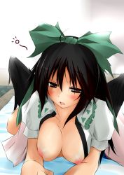 Rule 34 | 1girl, ahoge, black hair, black wings, blush, bow, breasts, brown eyes, dd mayohara, female focus, hair bow, large breasts, long hair, lying, nipples, on stomach, open clothes, open mouth, reiuji utsuho, solo, touhou, wings
