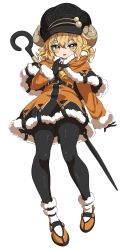 Rule 34 | 1girl, animal ears, bell, belt, black gloves, black hat, black pantyhose, blush, brown horns, capelet, curled horns, doroame (ameyu), fur-trimmed capelet, fur-trimmed sleeves, fur trim, gloves, hair between eyes, hat, highres, horizontal pupils, horns, looking at viewer, medium hair, open mouth, orange capelet, orange footwear, orange hair, original, pantyhose, pointy ears, sheep ears, sheep horns, simple background, smile, solo, staff, yellow eyes