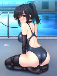Rule 34 | ass, back cutout, bdsm, black hair, black thighhighs, blue sky, blush, bondage, bound, breasts, brown eyes, clothing cutout, collar, competition swimsuit, covered erect nipples, elbow gloves, full body, gloves, highres, large breasts, leash, looking at viewer, medium hair, no shoes, one-piece swimsuit, original, outdoors, ponytail, pool, reflection, restrained, sakurayashiki nisei, seiza, sidelocks, sitting, sky, slave, solo, sweat, swimsuit, thighhighs, wet