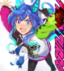 Rule 34 | 1girl, :d, animal ears, arms up, black pantyhose, blue eyes, blue hair, blurry, blurry background, character name, depth of field, green footwear, hair between eyes, heterochromia, highres, horse ears, horse girl, jacket, kabocha (monkey4), long hair, looking at viewer, multicolored hair, open mouth, outstretched arms, pantyhose, purple eyes, sharp teeth, shoes, smile, solo, stuffed animal, stuffed rabbit, stuffed toy, teeth, thick eyebrows, twin turbo (umamusume), two-tone hair, umamusume, very long hair, white jacket
