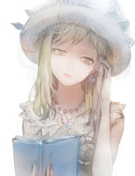 Rule 34 | 1girl, adjusting hair, blonde hair, book, brown eyes, dress, earrings, hat, holding, holding book, jewelry, long hair, looking down, meto31, necklace, original, simple background, sleeveless, sleeveless dress, solo, white background
