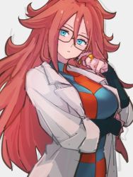Rule 34 | 1girl, android 21, black-framed eyewear, black sleeves, blue eyes, breasts, checkered clothes, checkered dress, dragon ball, dragon ball fighterz, dress, glasses, grey background, hair between eyes, jewelry, kemachiku, lab coat, large breasts, long hair, looking at viewer, parted lips, red hair, ring, simple background, solo