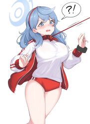 Rule 34 | !?, 1girl, ako (blue archive), blue archive, blue eyes, blue hair, buruma, collar, feet out of frame, gluteal fold, gym uniform, hairband, hasarang, highres, jacket, leash, leash pull, long hair, long sleeves, motion lines, open clothes, open jacket, red buruma, shirt, simple background, solo, spoken interrobang, sweat, white background, white shirt, wrist cuffs