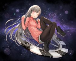 Rule 34 | 1girl, black pantyhose, blunt bangs, blush, boots, commentary request, future girlfriend, grey hair, lolihorn, long hair, looking at viewer, md5 mismatch, pantyhose, red eyes, resolution mismatch, ribbed sweater, shorts, sleeves past wrists, solo, source larger, sweater, turtleneck, very long hair, yulin (future girlfriend)