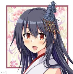 Rule 34 | 1girl, absurdres, black hair, close-up, fusou (kancolle), hair between eyes, hair ornament, highres, japanese clothes, kantai collection, koutetunamekuji, long hair, looking at viewer, nontraditional miko, open mouth, red eyes, solo, very long hair