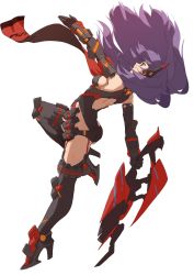 Rule 34 | 1girl, absurdres, android, breasts, high heels, highres, holding, holding weapon, joints, large breasts, leotard, long hair, poppi (xenoblade), poppi qtpi (xenoblade), purple hair, red eyes, robot joints, rui (rei leyi), simple background, solo, weapon, white background, xenoblade chronicles (series), xenoblade chronicles 2
