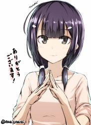 Rule 34 | 1girl, black eyes, blunt bangs, closed mouth, commentary request, hair ornament, hairclip, hands up, looking at viewer, low twintails, original, own hands together, pink shirt, purple hair, shirt, signature, simple background, smile, solo, tea (nakenashi), twintails, twitter username, white background