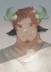 Rule 34 | 1boy, absurdres, animal ears, bara, brown hair, closed mouth, cow boy, cow ears, facial hair, fiery horns, forked eyebrows, glowing horns, goatee, green eyes, highres, horns, kauri097, looking at viewer, male focus, shirt, short hair, simple background, smile, solo, tokyo houkago summoners, upper body, wakan tanka, white shirt