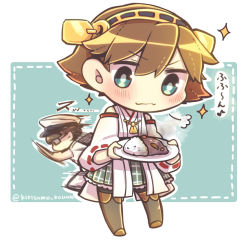 Rule 34 | 10s, 1boy, 1girl, :3, admiral (kancolle), bad id, bad pixiv id, blue eyes, brown hair, chibi, curry, curry rice, detached sleeves, food, glasses, hairband, hat, hiei (kancolle), japanese clothes, kantai collection, looking at viewer, military, military uniform, musical note, naval uniform, nontraditional miko, pantyhose, quaver, rice, running, same anko, short hair, sparkle, thighhighs, twitter username, uniform, wavy mouth, wide sleeves