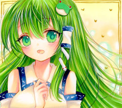 Rule 34 | 1girl, bare shoulders, blouse, blush, breasts, commentary request, danmaku, detached sleeves, eyes visible through hair, framed image, frog hair ornament, gradient background, green eyes, green hair, hair between eyes, hair ornament, hair tubes, hand up, heart, highres, kochiya sanae, large breasts, long hair, long sleeves, looking at viewer, marker (medium), open mouth, shirt, smile, snake hair ornament, solo, tongue, touhou, traditional media, white shirt, wide sleeves, yellow background, yuuki hana (jtnp5334)