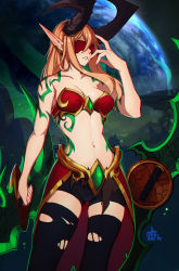 Rule 34 | 1girl, absurdres, arm tattoo, armor, bare shoulders, bike shorts, bikini, bikini armor, bikini top only, black thighhighs, blindfold, blonde hair, breasts, cleavage, covered eyes, demon hunter (warcraft), distr, fingernails, hand up, highres, holding, holding weapon, horns, long eyebrows, long hair, medium breasts, navel, planet, pointy ears, sharp fingernails, signature, solo, swimsuit, tattoo, thighhighs, torn clothes, torn thighhighs, twin blades, warcraft, weapon, world of warcraft