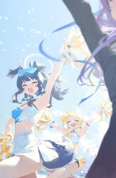 3girls :d ^_^ animal_ears arm_up blonde_hair blue_archive breasts cheerleader cleavage closed_eyes dog_ears dog_girl dog_tail eyewear_on_head halo hibiki_(blue_archive) hibiki_(cheer_squad)_(blue_archive) highres kotori_(blue_archive) kotori_(cheer_squad)_(blue_archive) long_hair medium_breasts modare multiple_girls official_alternate_costume open_mouth pom_pom_(cheerleading) purple_hair skirt smile stadium star_sticker sticker_on_face sunglasses tail thighs utaha_(blue_archive) utaha_(cheer_squad)_(blue_archive) white_skirt yellow_halo