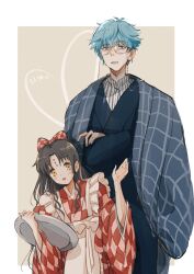 Rule 34 | 1boy, 1girl, amidura, apron, black hair, blue eyes, blue hair, blue kimono, blush, border, bow, checkered bow, checkered clothes, checkered kimono, cowboy shot, crossed arms, dated, facial mark, fate/grand order, fate (series), forehead mark, forehead tattoo, glasses, grey background, grey shirt, hair bow, hands up, hans christian andersen (adult) (fate), hans christian andersen (fate), haori, heart, highres, holding, holding tray, japanese clothes, kimono, long hair, looking at viewer, multicolored hair, open mouth, outside border, parted bangs, pink bow, pink hair, pink kimono, red bow, red kimono, sessyoin kiara, sessyoin kiara (lily), shirt, short hair, sidelocks, smile, streaked hair, striped clothes, striped shirt, tray, two-tone bow, two-tone kimono, two-tone shirt, vertical-striped clothes, vertical-striped shirt, white apron, white border, white bow, white shirt, yellow eyes