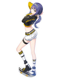 Rule 34 | 1girl, arms up, ass, back, belt, black footwear, black gloves, black shirt, boots, bunching hair, closers, crop top, crop top overhang, denim, denim shorts, drawstring, eunha (closers), fingerless gloves, from behind, full body, gloves, green eyes, hair tie in mouth, hairband, highres, kneehighs, long hair, long sleeves, looking at viewer, looking back, low ponytail, midriff, mouth hold, official art, purple hair, shirt, short shorts, shorts, simple background, skateboard, socks, solo, standing, thigh strap, thighs, two-tone hoodie, two-tone shirt, white background, white shorts