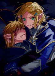 Rule 34 | 1boy, 1girl, blonde hair, blue cape, blue shirt, braid, cape, closed eyes, closed mouth, cradling head, crown braid, crying, cuts, earrings, embers, forehead, green eyes, hair ornament, hairclip, hood, hood down, hooded cape, injury, jewelry, layered sleeves, link, long sleeves, looking at viewer, nintendo, open mouth, parted bangs, pointy ears, princess zelda, shijima (4jima), shirt, short hair, short over long sleeves, short sleeves, sidelocks, sketch, tears, the legend of zelda, the legend of zelda: breath of the wild, the legend of zelda: tears of the kingdom, unconscious