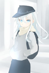 Rule 34 | 10s, 1girl, alternate costume, anchor symbol, backpack, bad id, bad pixiv id, bag, black skirt, blue eyes, blue hair, closed mouth, cowboy shot, expressionless, grey sweater, grey theme, hair between eyes, hands in pockets, hat, hibiki (kancolle), kantai collection, long hair, long sleeves, looking at viewer, matching hair/eyes, roman numeral, scarf, skirt, solo, stairs, standing, sweater, tsurime, yamaioni (sasakama)