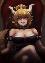 Rule 34 | 1girl, absurdres, armlet, bare shoulders, black leotard, blonde hair, bowsette, breasts, brown gloves, brown pantyhose, cleavage, collar, collarbone, crossed legs, crown, earrings, elbow gloves, evil smile, gem, gloves, grin, hair between eyes, highres, horns, jewelry, large breasts, leotard, long hair, looking at viewer, mario (series), new super mario bros. u deluxe, nintendo, nyang ittwida, pantyhose, parted lips, pointy ears, ponytail, red eyes, red lips, shaded face, sharp teeth, sitting, smile, solo, spiked armlet, spiked collar, spiked tail, spikes, strapless, strapless leotard, super crown, tail, teeth, throne, turtle shell