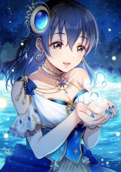 Rule 34 | 1girl, bare shoulders, blue dress, blue eyes, blue hair, blue nails, blush, breasts, choker, cleavage, collarbone, crescent, crescent earrings, dress, earrings, fujiwara hajime, gen (enji), hair between eyes, hair ornament, hands up, highres, idolmaster, idolmaster cinderella girls, idolmaster cinderella girls starlight stage, jewelry, light particles, long hair, looking at another, medium breasts, nail polish, night, night sky, open mouth, purple choker, signature, sky, smile, solo, star (sky), starry sky, tree, upper body