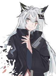 Rule 34 | 1girl, animal ears, antenna hair, arknights, black jacket, blush, brown eyes, closed mouth, echj, eyebrows hidden by hair, hair between eyes, hair ornament, hairclip, hand up, highres, index finger raised, jacket, lappland (arknights), long hair, long sleeves, scar, scar across eye, scar on face, silver hair, sketch, smile, solo, upper body, very long hair, white background, wide sleeves