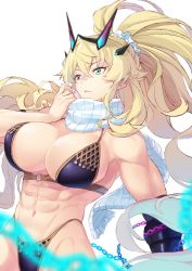 Rule 34 | 1girl, abs, blonde hair, breasts, coffeekite, barghest (fate), fairy knight gawain (ice warrior) (fate), fate/grand order, fate (series), green eyes, heterochromia, highres, large breasts, long hair, muscular, muscular female, official alternate costume, ponytail, red eyes, simple background, white background