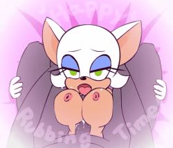 Rule 34 | 1boy, 1girl, animated, animated gif, bouncing breasts, breasts, fellatio, furry, green eyes, hetero, large breasts, minuspal, nipples, oral, paizuri, penis, rouge the bat, sonic (series), tongue, tongue out, uncensored