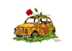 Rule 34 | abandoned, broken window, car, commentary request, fiat, flower, grass, motor vehicle, no humans, original, oversized flower, red flower, red rose, rose, rust, signature, simple background, tire, tokyogenso, vehicle focus, white background, white flower