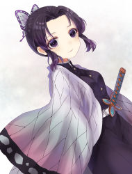 Rule 34 | 1girl, black hair, black jacket, black pants, blush, breasts, butterfly hair ornament, closed mouth, commentary request, dutch angle, forehead, gradient hair, hair ornament, highres, hisui (sigurehisui), jacket, katana, kimetsu no yaiba, kochou shinobu, looking at viewer, looking to the side, multicolored hair, open clothes, pants, parted bangs, purple eyes, purple hair, small breasts, smile, solo, sword, weapon