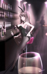Rule 34 | 1girl, absurdres, adjusting clothes, animal ears, bar (place), black bow, black bowtie, black footwear, black leotard, black pantyhose, bottle, bow, bowtie, breasts, brown eyes, cleavage, commentary request, counter, cup, detached collar, drinking glass, full body, high heels, highres, kumacco, leotard, looking at viewer, medium breasts, original, pantyhose, playboy bunny, pov, rabbit ears, rabbit tail, sitting, solo, stool, strap slip, tail, twintails, wine glass, wrist cuffs