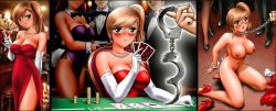 Rule 34 | alcohol, bdsm, blue eyes, blush, breasts, brown hair, cleavage, collar, cuffs, dress, gambling, handcuffs, high heels, highres, large breasts, long image, nude, red dress, shingyouji tatsuya, shoes, slave, wide image
