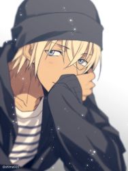 Rule 34 | 1boy, amuro tooru, beanie, black hat, black jacket, blue eyes, blush, commentary request, dark-skinned male, dark skin, gradient background, hair between eyes, hand on own face, hat, jacket, light blush, looking at viewer, male focus, mashima shima, meitantei conan, open clothes, open jacket, shirt, solo, striped clothes, striped shirt, upper body, white shirt