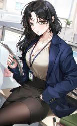 Rule 34 | 1girl, aqua nails, black hair, black skirt, blue coat, blurry, blurry background, blush, book, breasts, brown pantyhose, cleavage, coat, cubicle, desk, earrings, green eyes, hand on own thigh, hand up, highres, holding, holding paper, hoop earrings, id card, indoors, jewelry, large breasts, long hair, long sleeves, looking at viewer, mole, mole under eye, nail polish, office, office lady, on desk, original, pantyhose, paper, parted bangs, pen, pencil skirt, plant, potted plant, shirt, shirt tucked in, sitting, on desk, skirt, sleeves past wrists, solo, sticky note, thighs, v-neck, ye jji, yellow shirt