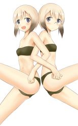 Rule 34 | 2girls, :d, bandeau, bikini, black hair, blonde hair, blue eyes, blush, erica hartmann, frown, glasses, multicolored hair, multiple girls, navel, open mouth, rasielcochma, short hair, siblings, sisters, smile, strapless, strike witches, strike witches: suomus misfits squadron, swimsuit, tube top, twins, two-tone hair, ursula hartmann, world witches series