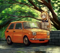 Rule 34 | 1girl, ahoge, aqua eyes, blonde hair, car, commentary, dappled sunlight, fang, fiat, fiat 126, girls&#039; frontline, gloves, hairband, holding, holding map, long hair, map, massabou2, messy hair, motor vehicle, outdoors, s.a.t.8 (girls&#039; frontline), skin fang, solo, stone wall, sunlight, tree, upper body, vehicle focus, very long hair, wall, yellow gloves