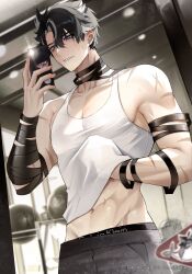 Rule 34 | 1boy, abs, bandages, black hair, blue eyes, calvin klein, clothes lift, earrings, genshin impact, grey hair, grey pants, gym, hair between eyes, highres, holding, holding phone, jewelry, male focus, midriff, multicolored hair, navel, pants, phone, scar, shirt lift, short hair, solcha, solo, stomach, streaked hair, tank top, white tank top, wriothesley (genshin impact)