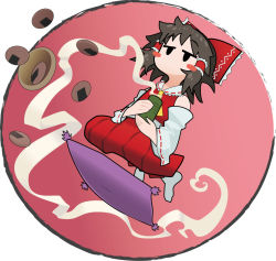 Rule 34 | 1girl, ascot, blush stickers, bow, bowl, brown hair, chamaji, cup, cushion, detached sleeves, floating, food, frilled bow, frills, hair bow, hair tubes, hakurei reimu, holding, holding cup, medium hair, nontraditional miko, red bow, ribbon-trimmed sleeves, ribbon trim, round image, seiza, senbei, sidelocks, sitting, skirt, skirt set, solo, steam, teacup, touhou, wide sleeves, yellow ascot