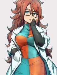 Rule 34 | 1girl, android 21, black-framed eyewear, blue eyes, breasts, checkered clothes, checkered dress, dragon ball, dragon ball fighterz, dress, earrings, glasses, grey background, hair between eyes, hand on own face, hand up, hoop earrings, jewelry, kemachiku, lab coat, large breasts, long hair, long sleeves, looking at viewer, red hair, simple background, solo