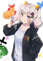 Rule 34 | 1girl, :q, absurdres, alternate costume, bad id, bad pixiv id, black jacket, blue eyes, blunt bangs, blush, bracelet, collarbone, commentary request, cuna (qunya), hair ornament, hand on own hip, highres, jacket, jewelry, kaguya luna, long sleeves, looking at viewer, multicolored ribbon, ribbon, short hair, silver hair, sleeves past fingers, sleeves past wrists, solo, the moon studio, tongue, tongue out, twintails, virtual youtuber, wrist ribbon, x hair ornament