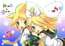 Rule 34 | 1boy, 1girl, ;p, bad id, bad pixiv id, beamed quavers, blonde hair, blue eyes, bow, brother and sister, character name, hair bow, hair ornament, headset, kagamine len, kagamine rin, musical note, necktie, one eye closed, open mouth, quaver, sakuraebi, sakurano miya, short hair, siblings, tongue, tongue out, twins, vocaloid, yellow necktie