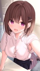 Rule 34 | 1girl, arm support, bad id, bad pixiv id, black skirt, blush, breasts, brown hair, button gap, childhood friend-chan (ramchi), collared shirt, commentary request, hair ornament, highres, kneeling, large breasts, looking at viewer, open mouth, original, pleated skirt, purple eyes, ramchi, selfie, shirt, short hair, short sleeves, skirt, smile, socks, translation request, x hair ornament